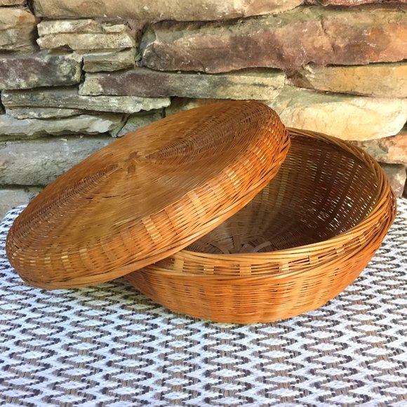 Other - Vintage Lg Wicker Basket Lid Sewing Storage Boho